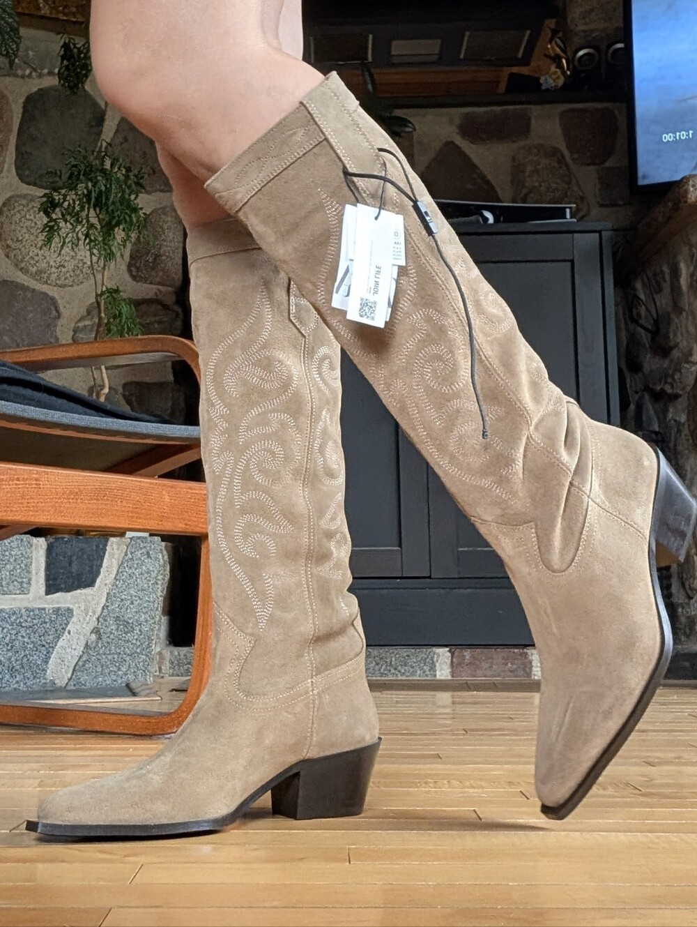 Zara Suede Knee-High Western Boots - Taupe